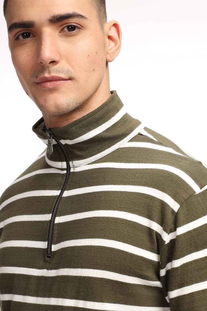 Olive White Self Design Zipper T-Shirt