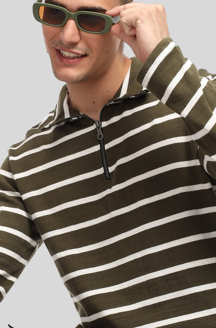 Olive White Self Design Zipper T-Shirt