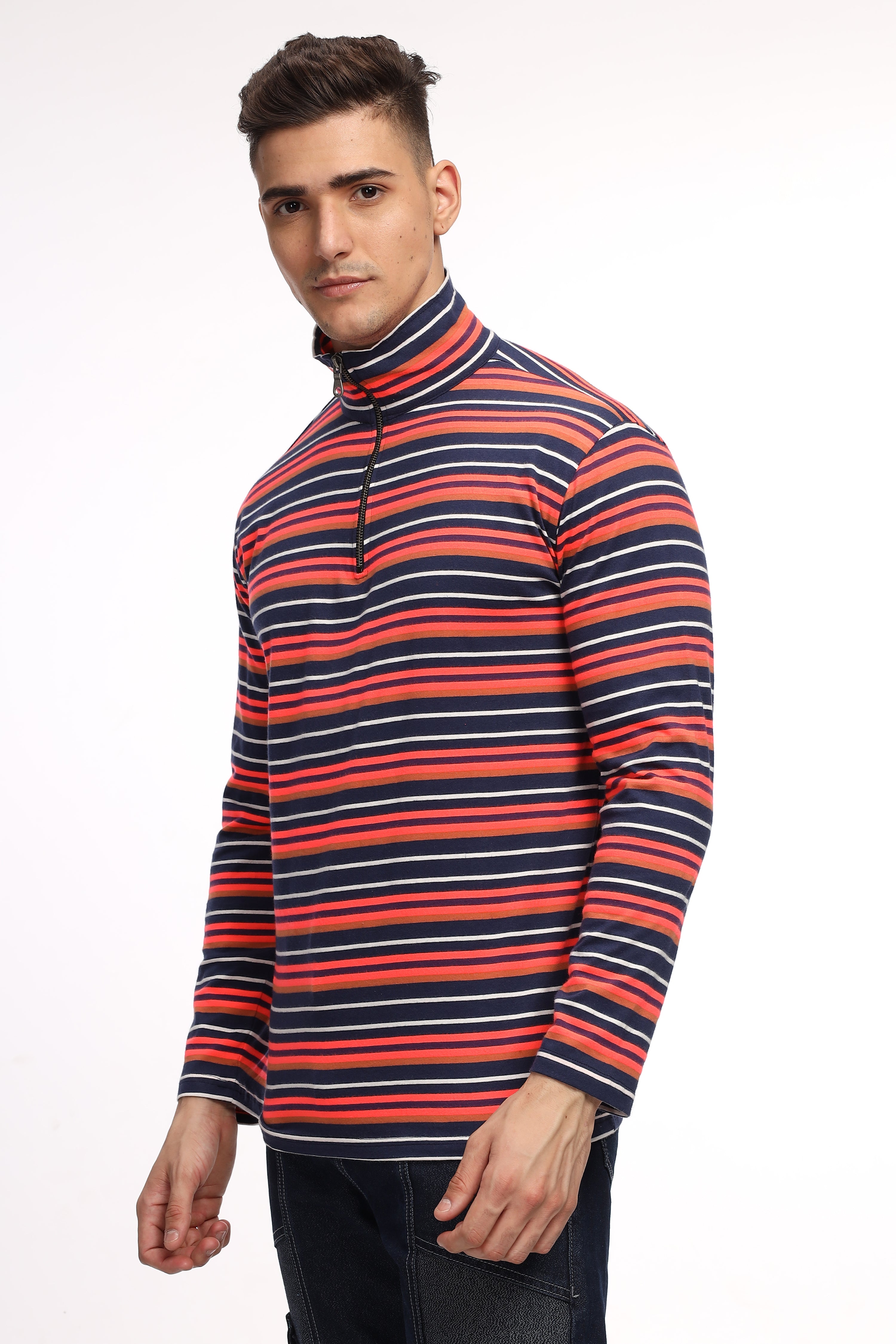 Black Red Self Design Striped Zipper T-Shirt