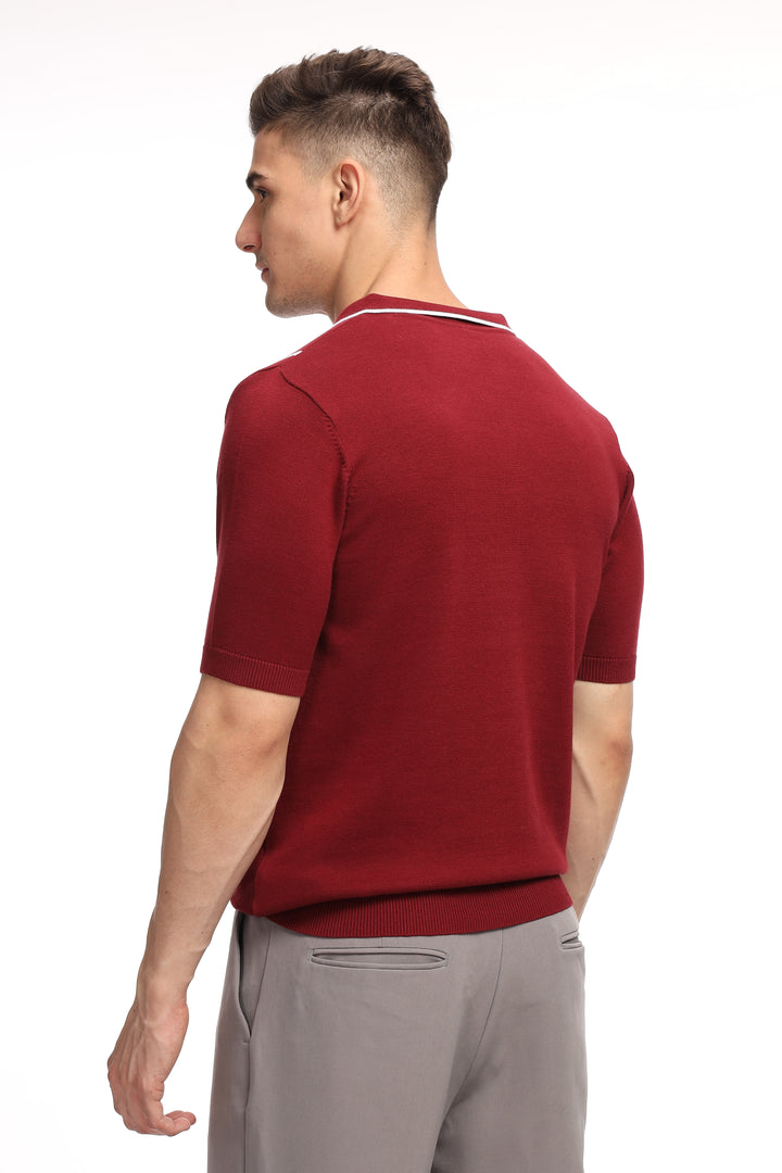 Maroon Stripe Flat Knit Premium Cotton Polo T-Shirt