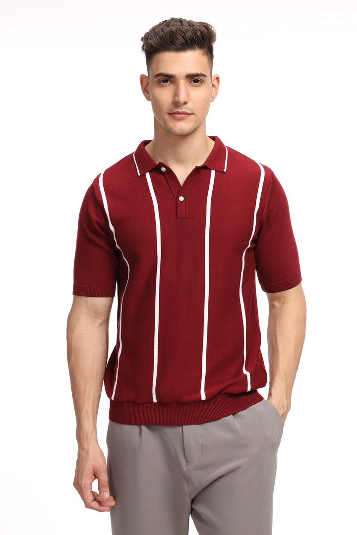 Maroon Stripe Flat Knit Premium Cotton Polo T-Shirt