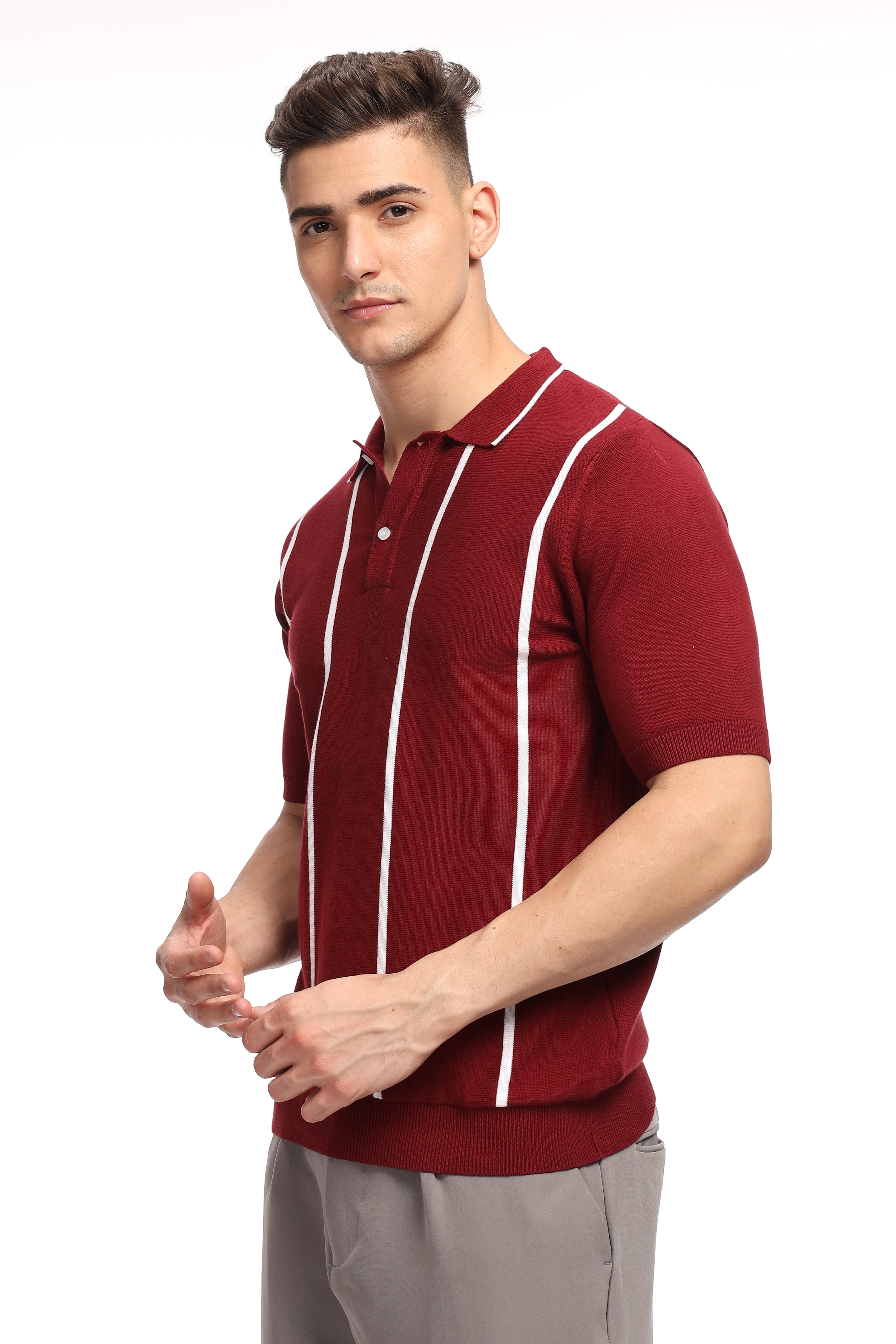 Maroon Stripe Flat Knit Premium Cotton Polo T-Shirt