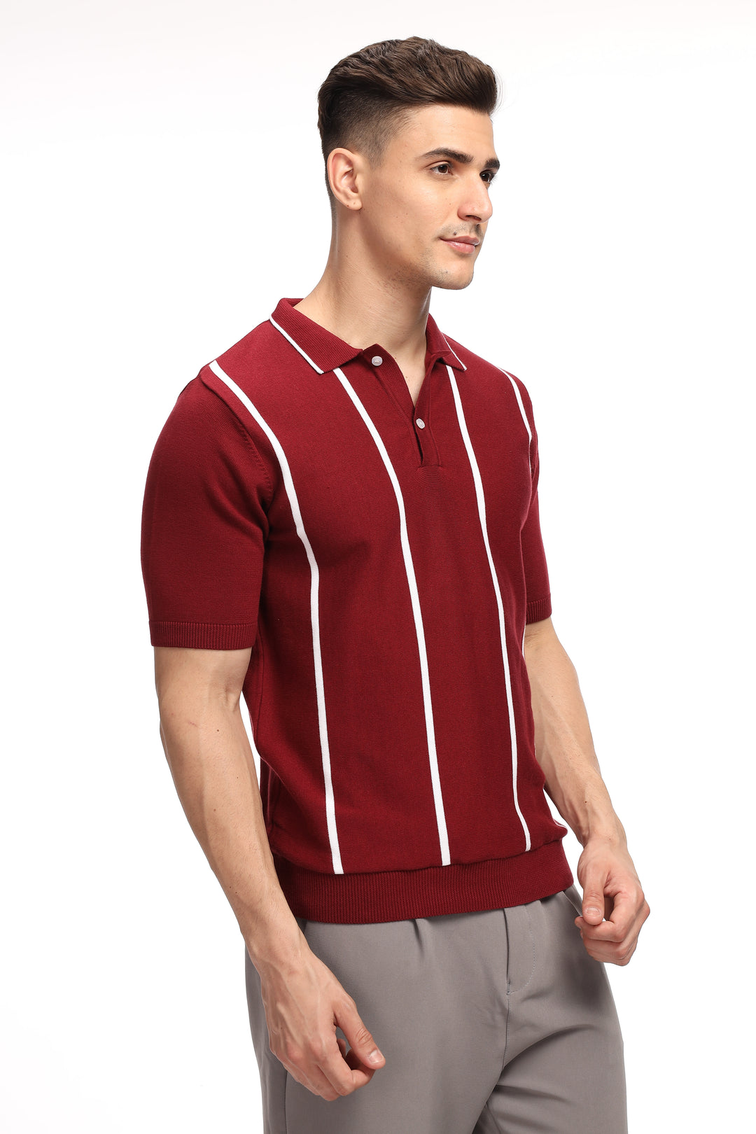 Maroon Stripe Flat Knit Premium Cotton Polo T-Shirt