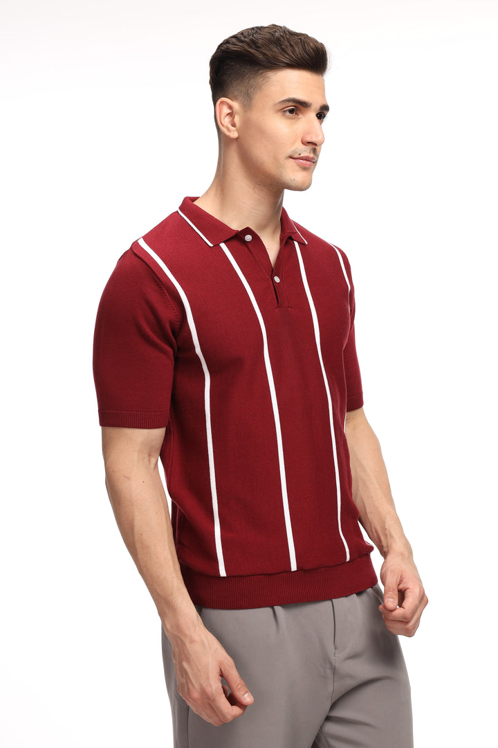 Maroon Stripe Flat Knit Premium Cotton Polo T-Shirt