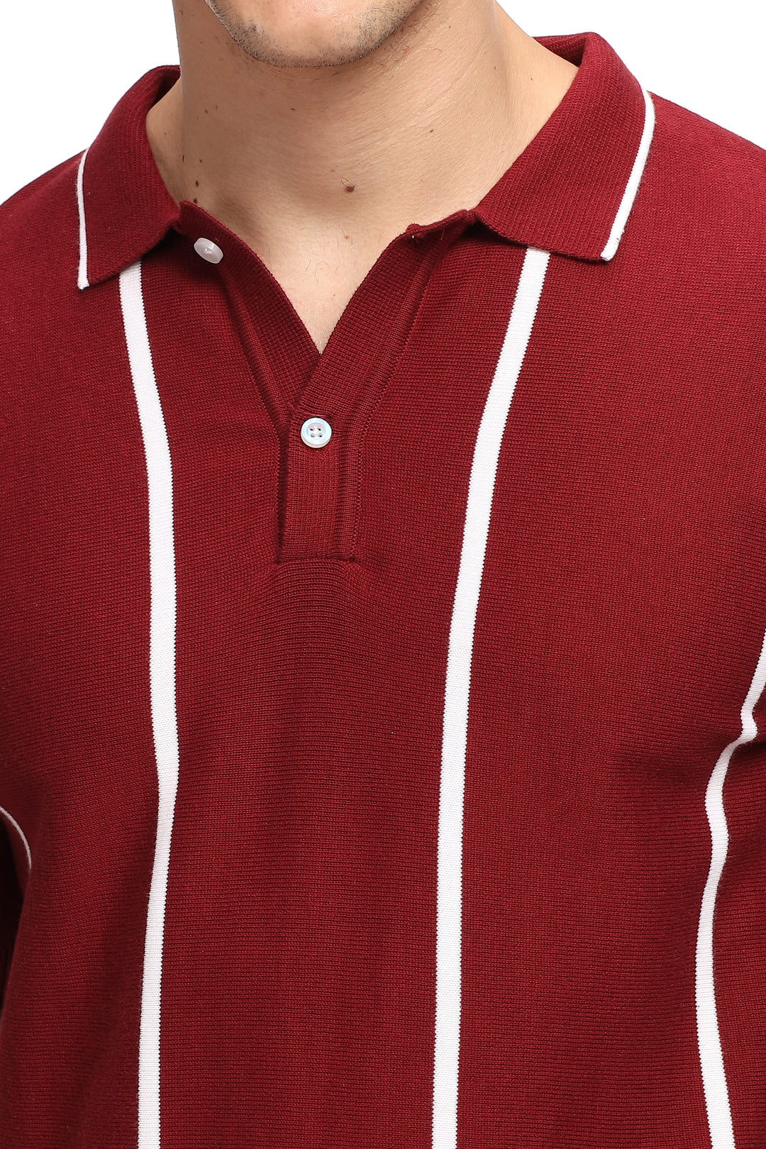 Maroon Stripe Flat Knit Premium Cotton Polo T-Shirt