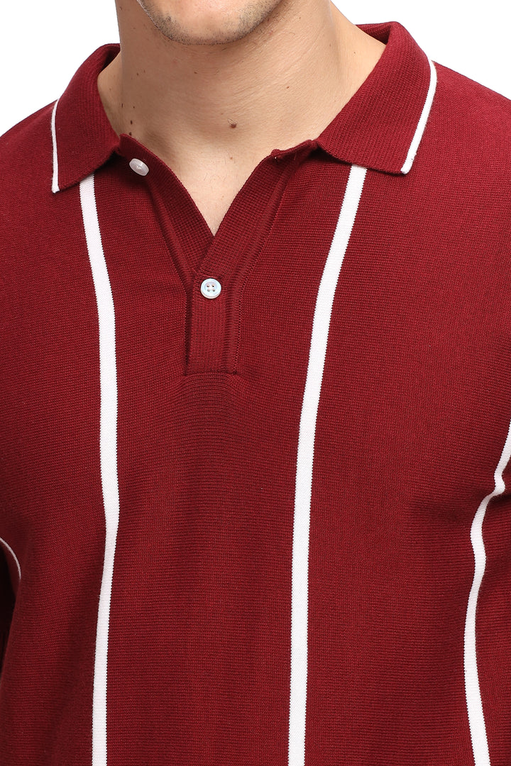 Maroon Stripe Flat Knit Premium Cotton Polo T-Shirt