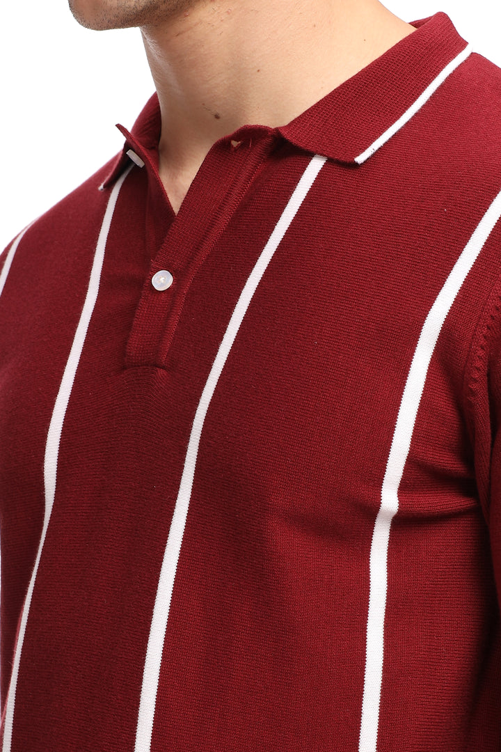 Maroon Stripe Flat Knit Premium Cotton Polo T-Shirt
