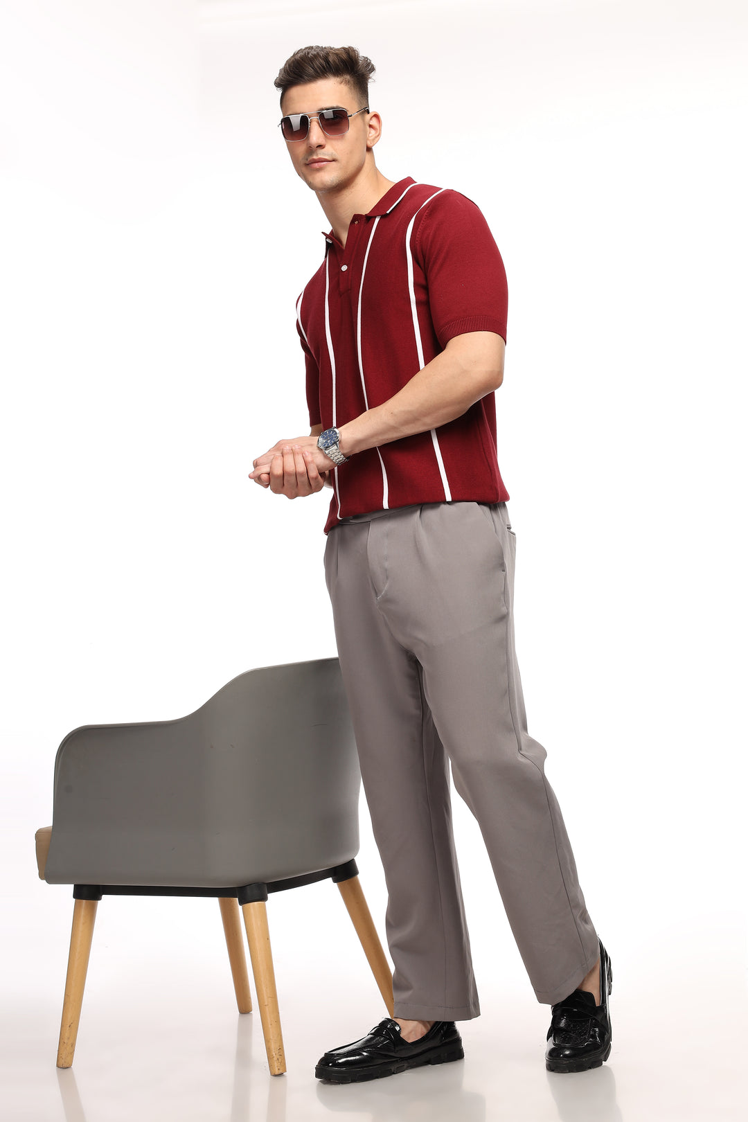 Maroon Stripe Flat Knit Premium Cotton Polo T-Shirt