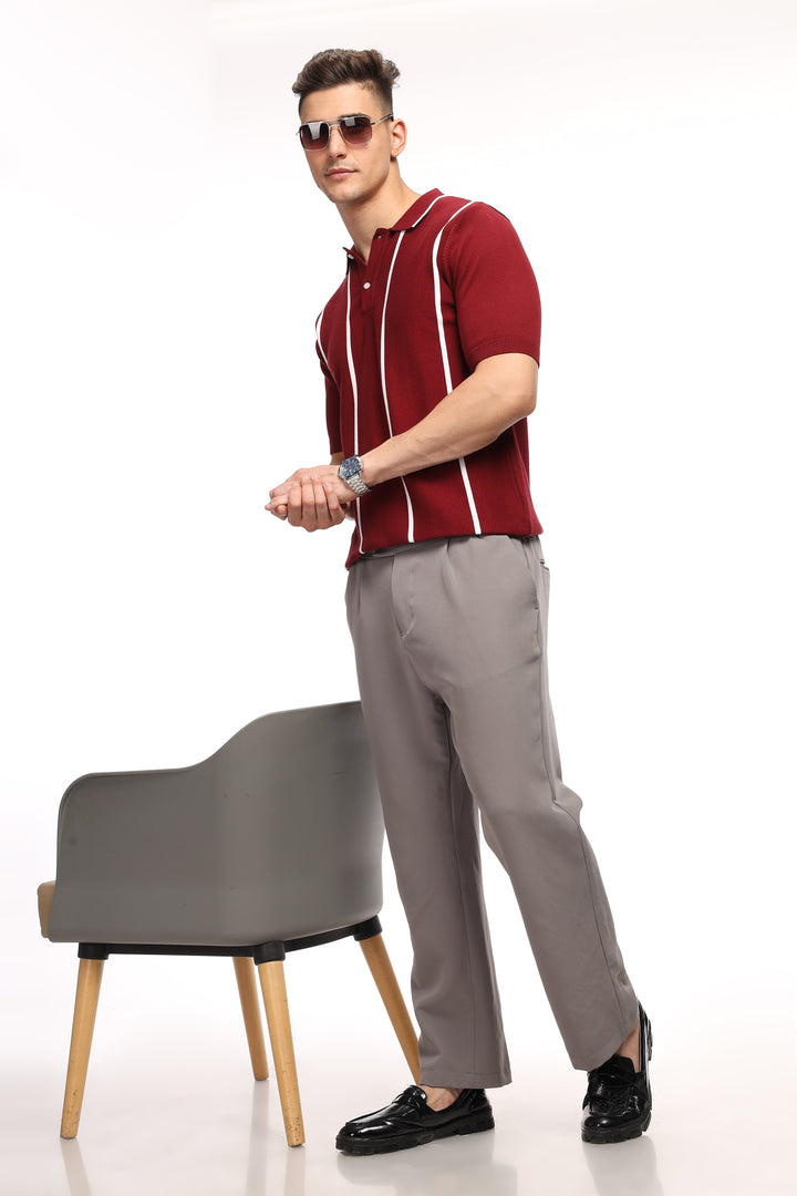 Maroon Stripe Flat Knit Premium Cotton Polo T-Shirt