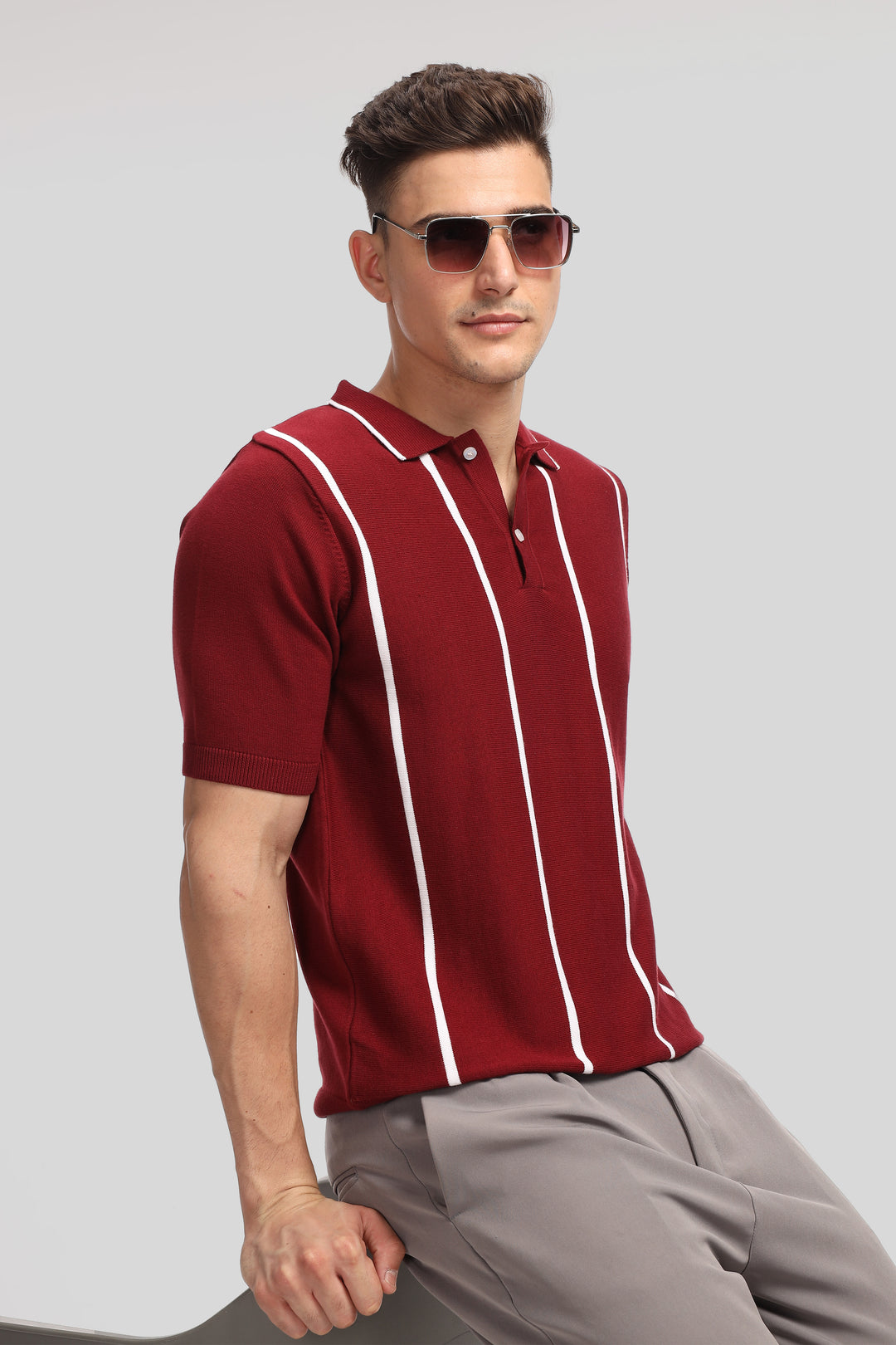Maroon Stripe Flat Knit Premium Cotton Polo T-Shirt