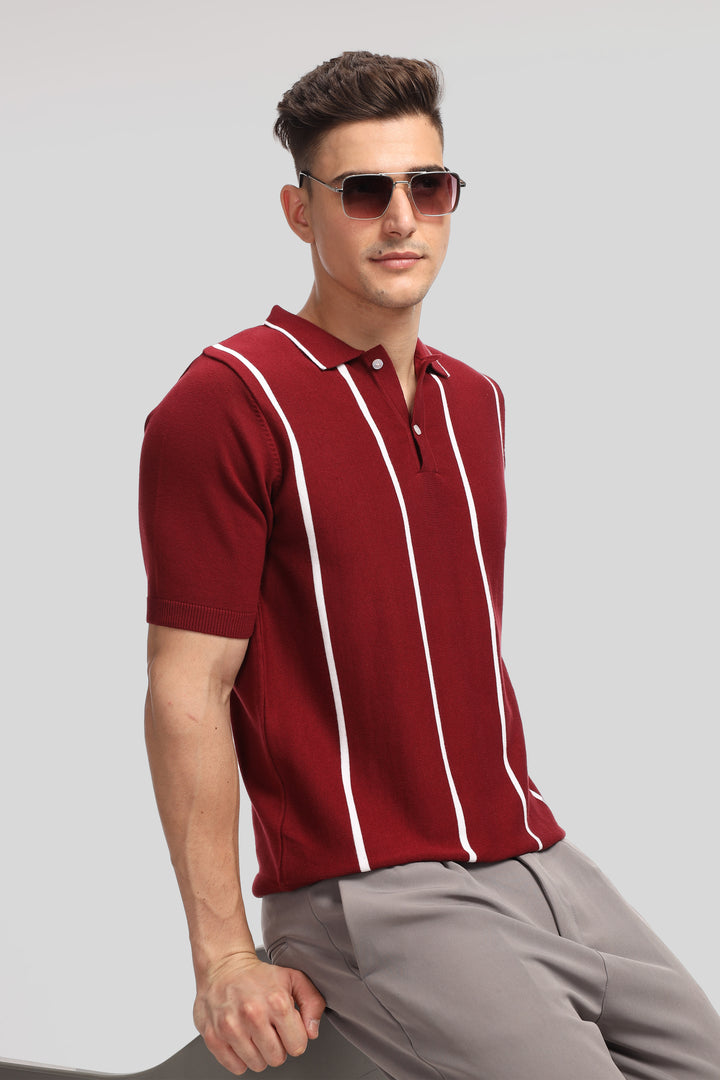 Maroon Stripe Flat Knit Premium Cotton Polo T-Shirt