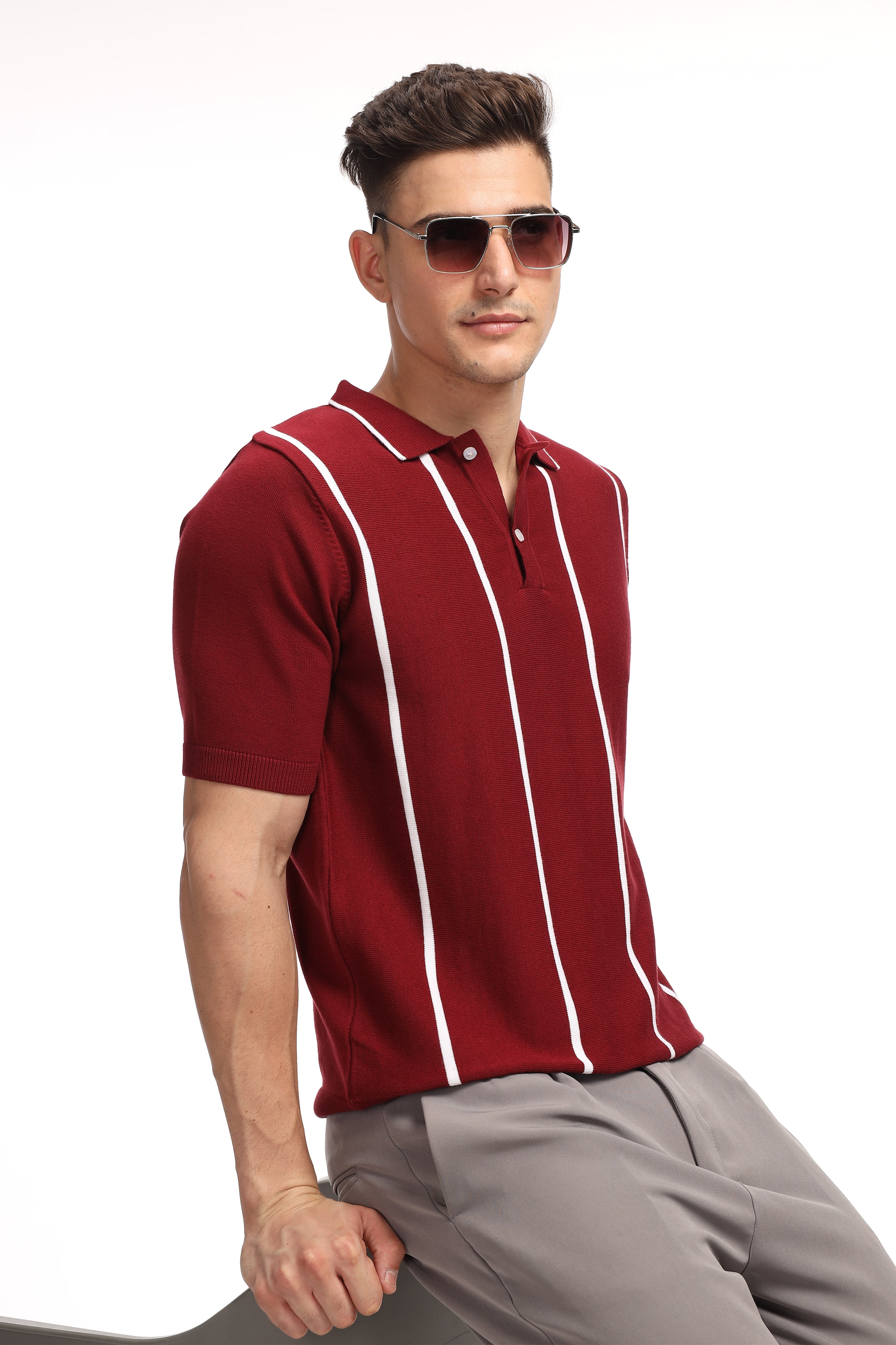 Maroon Stripe Flat Knit Premium Cotton Polo T-Shirt