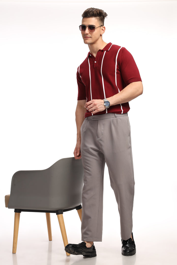 Maroon Stripe Flat Knit Premium Cotton Polo T-Shirt