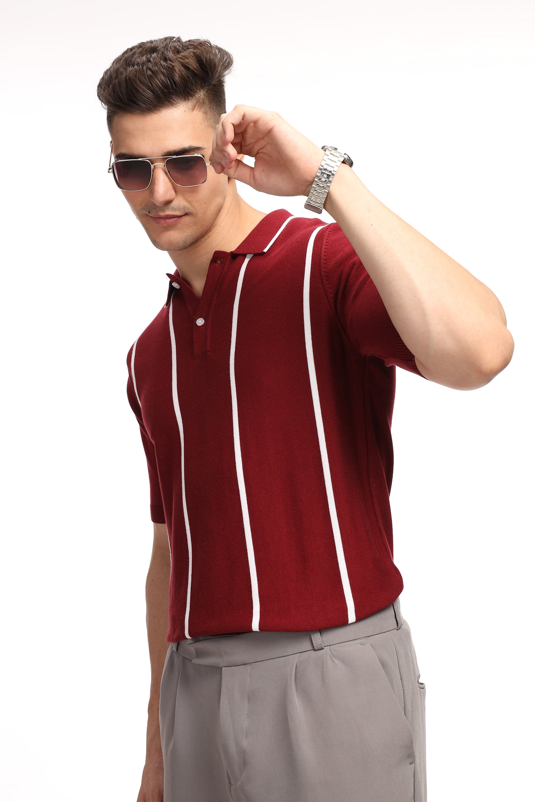 Maroon Stripe Flat Knit Premium Cotton Polo T-Shirt