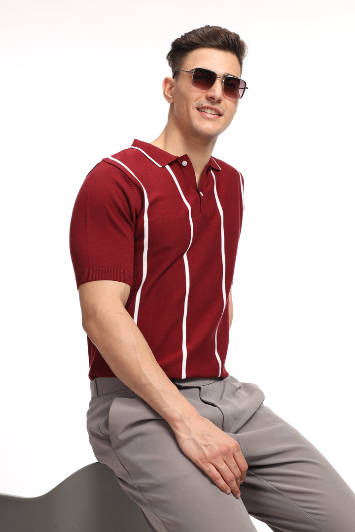 Maroon Stripe Flat Knit Premium Cotton Polo T-Shirt