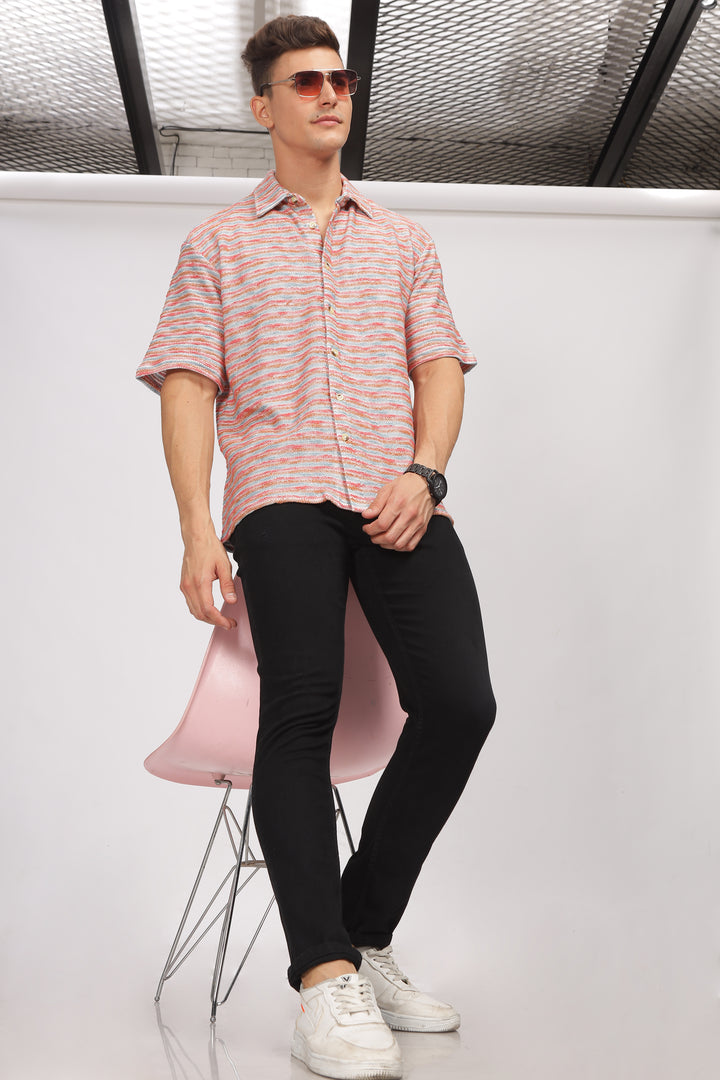 Red Oversized Self Design Shirt