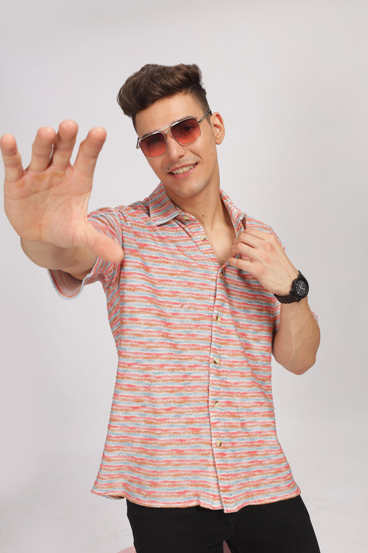 Red Oversized Self Design Shirt