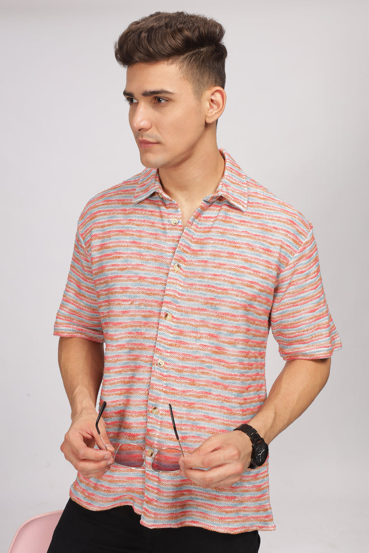 Red Oversized Self Design Shirt
