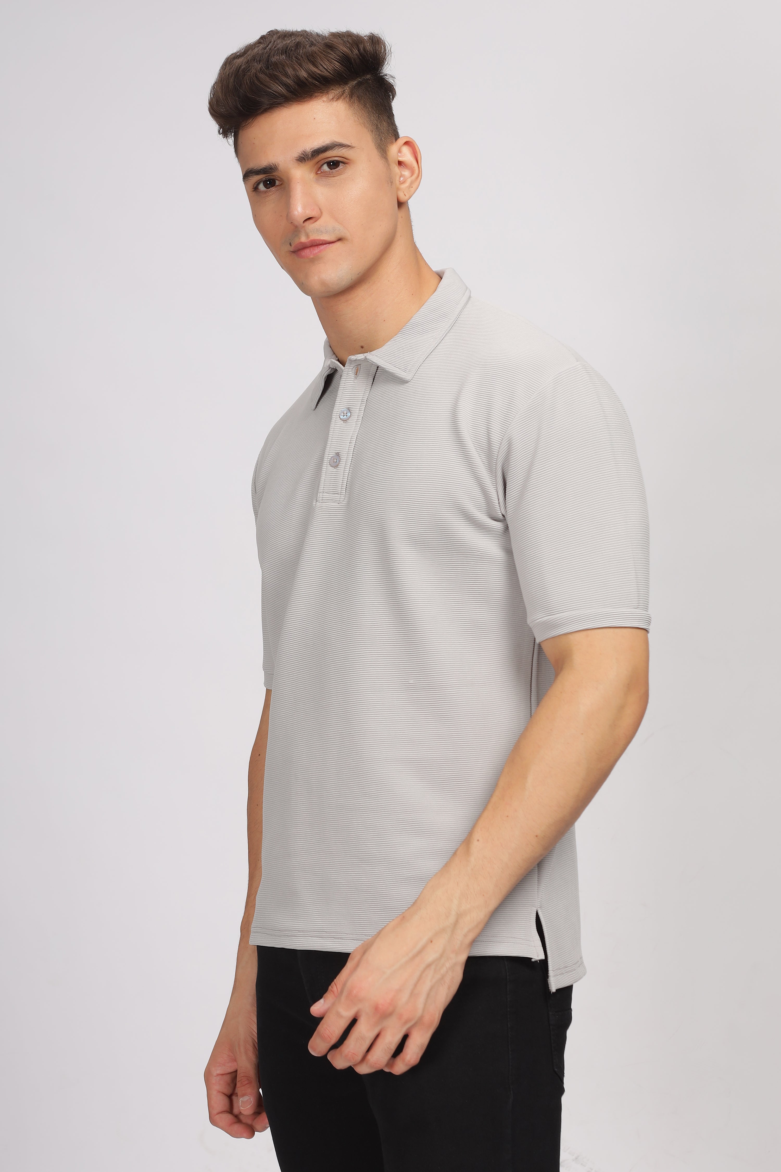 Grey Melange Self Design Polo T-Shirt