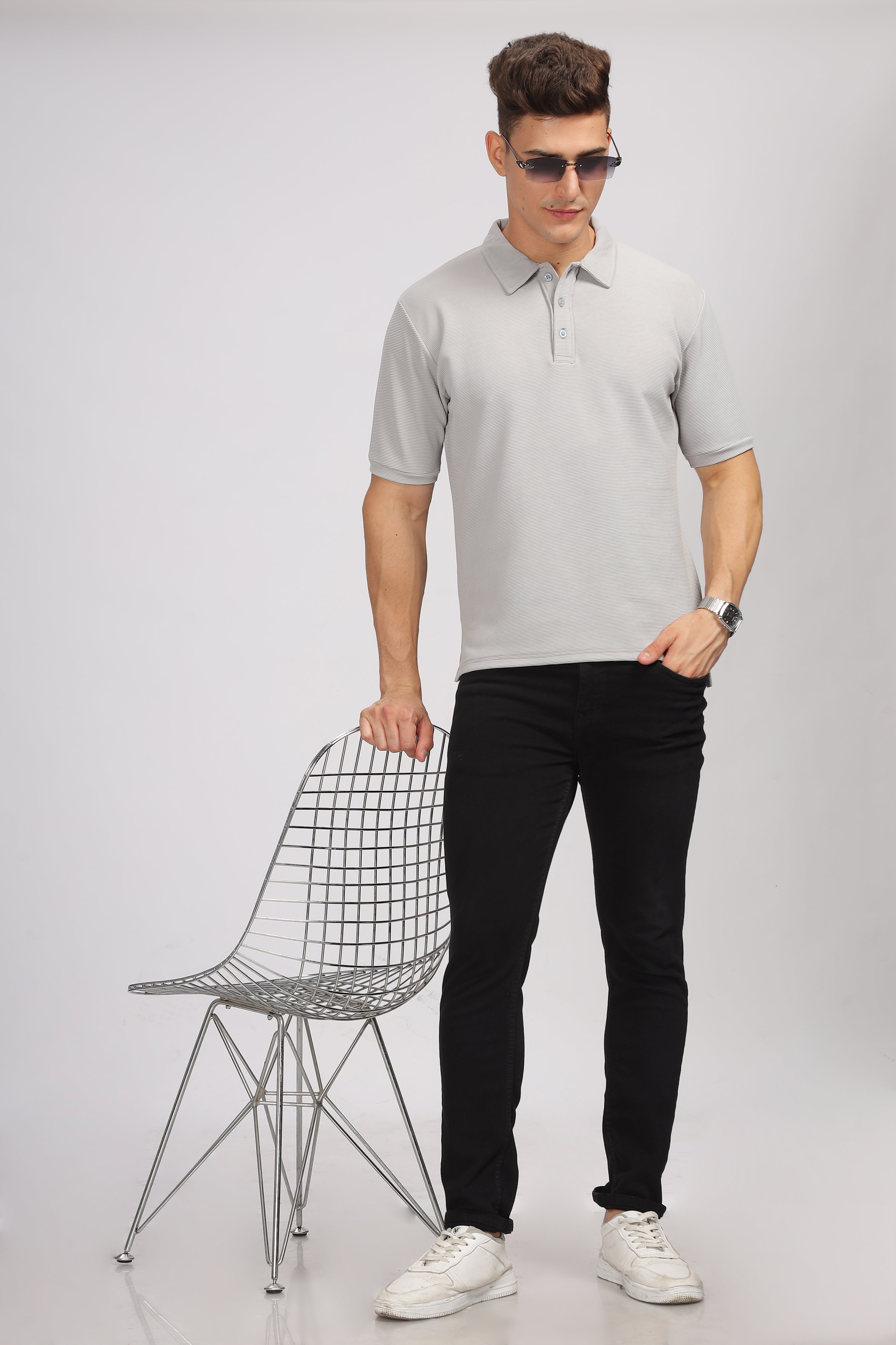 Grey Melange Self Design Polo T-Shirt
