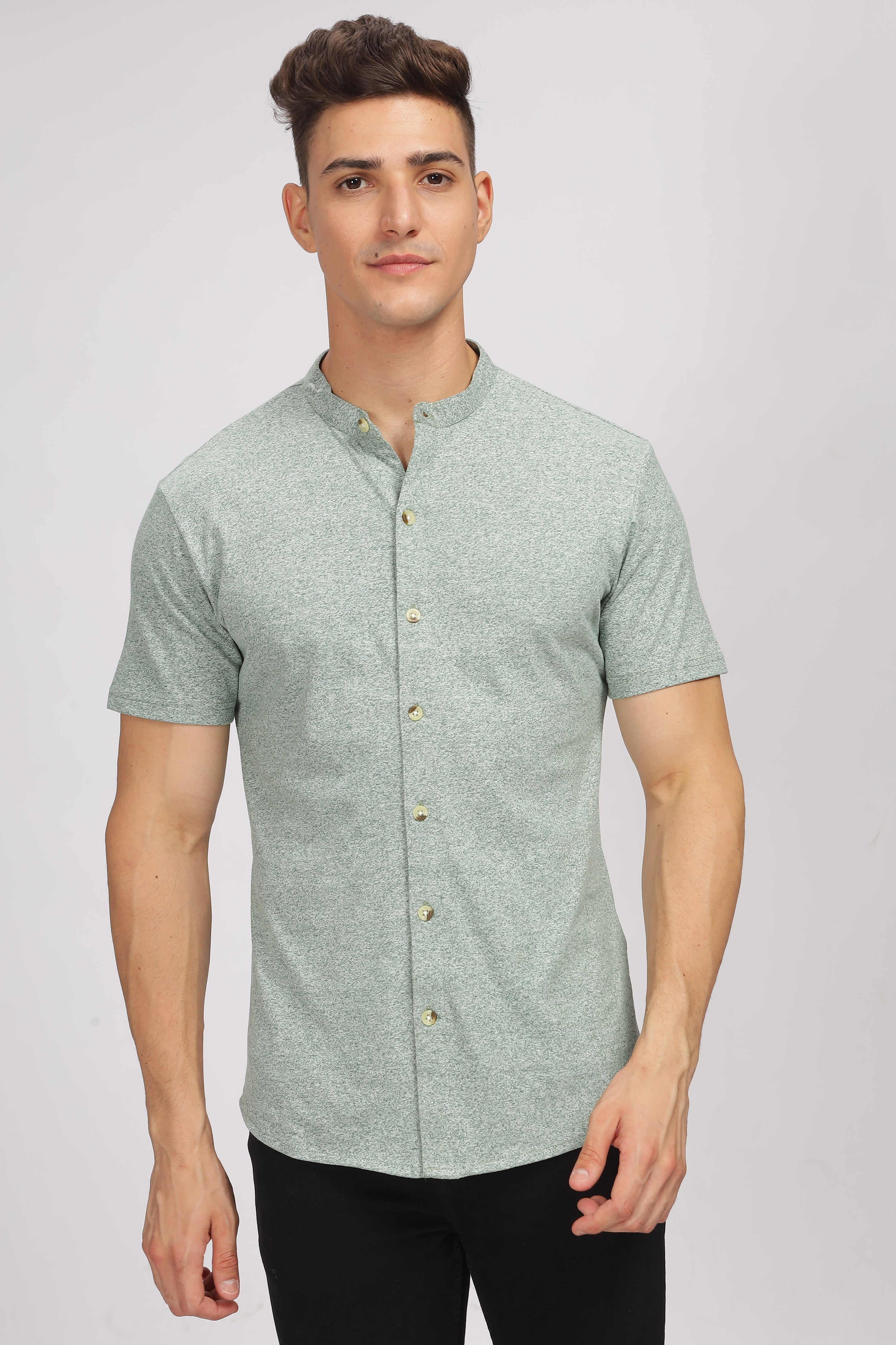 Green Melange Cotton Knit Shirt