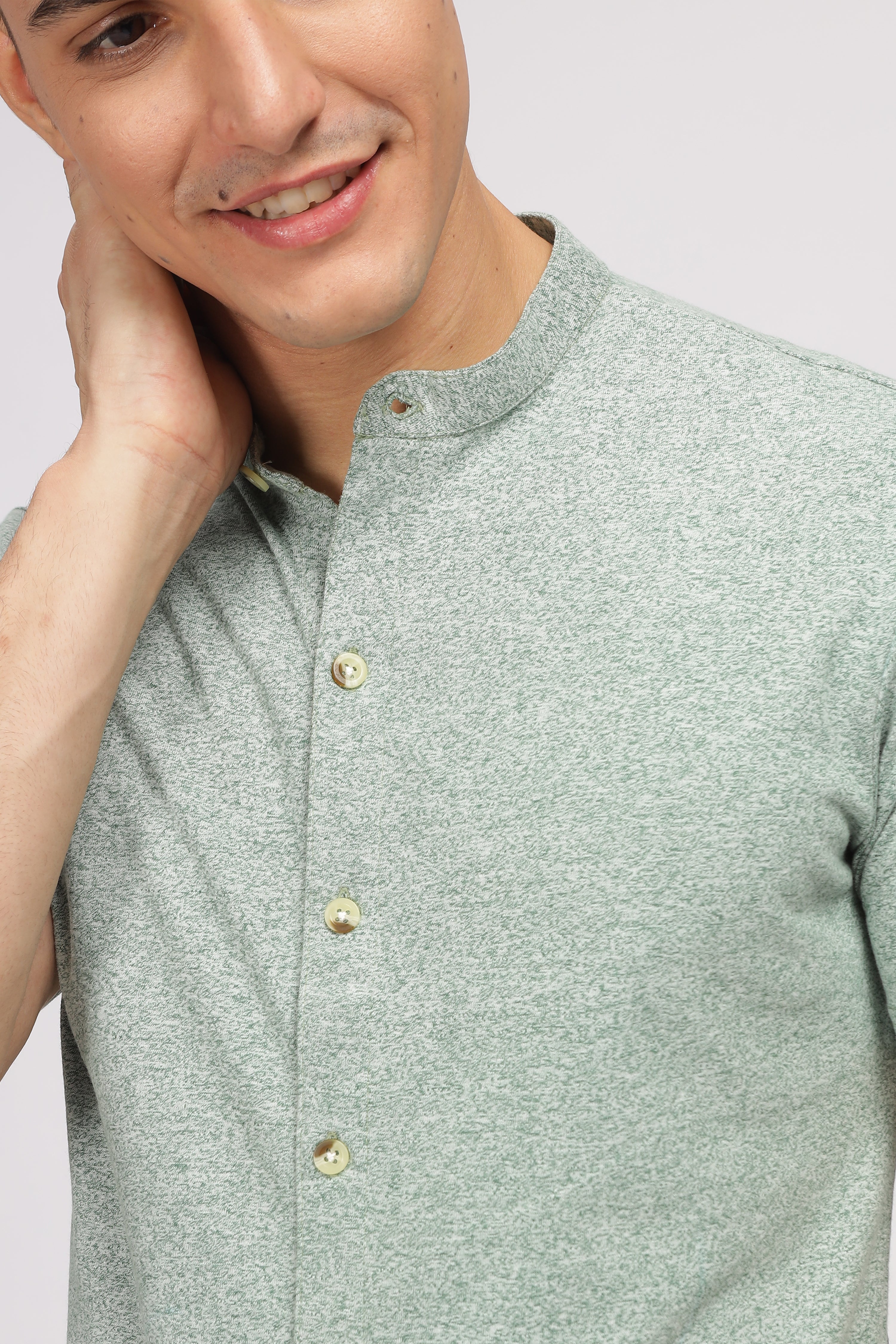 Green Melange Cotton Knit Shirt