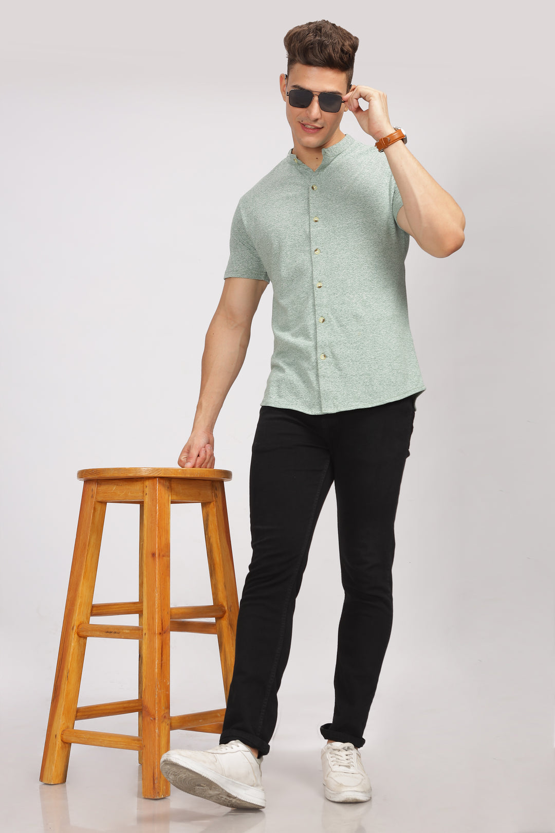 Green Melange Cotton Knit Shirt