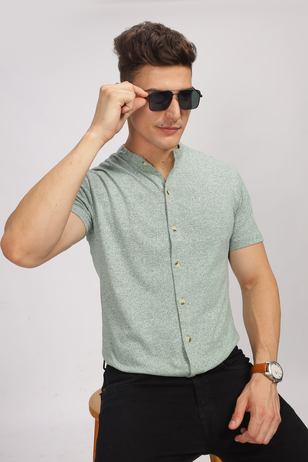 Green Melange Cotton Knit Shirt