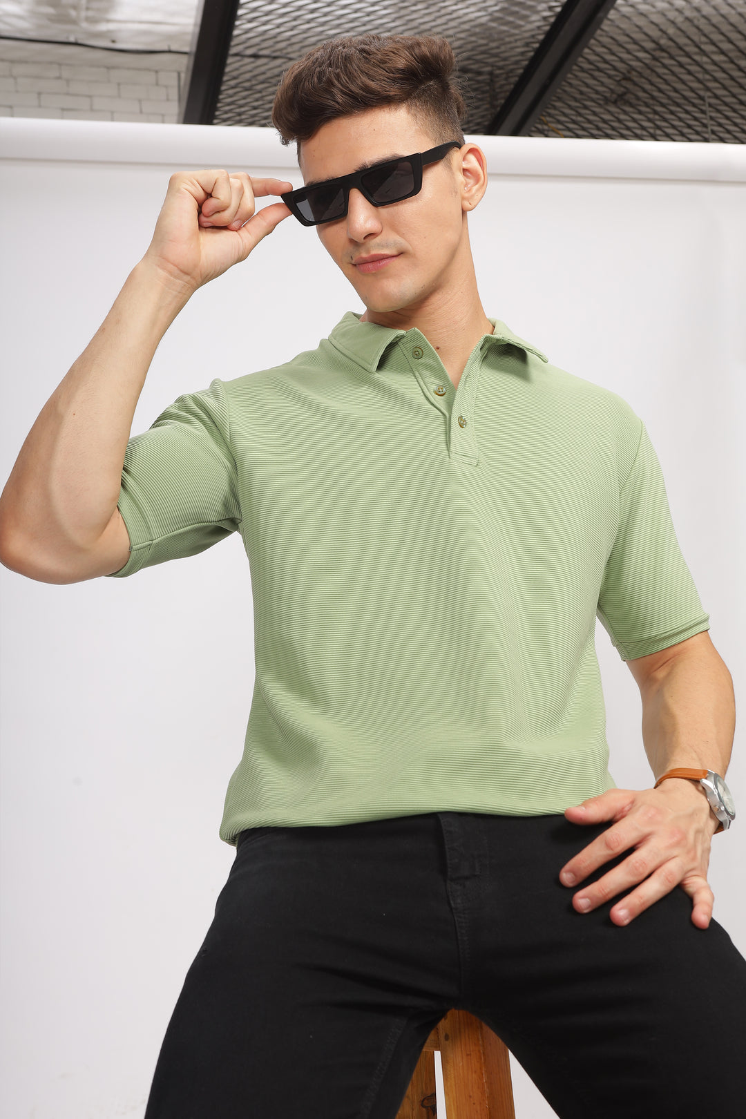 Green Textured Polo T-Shirt