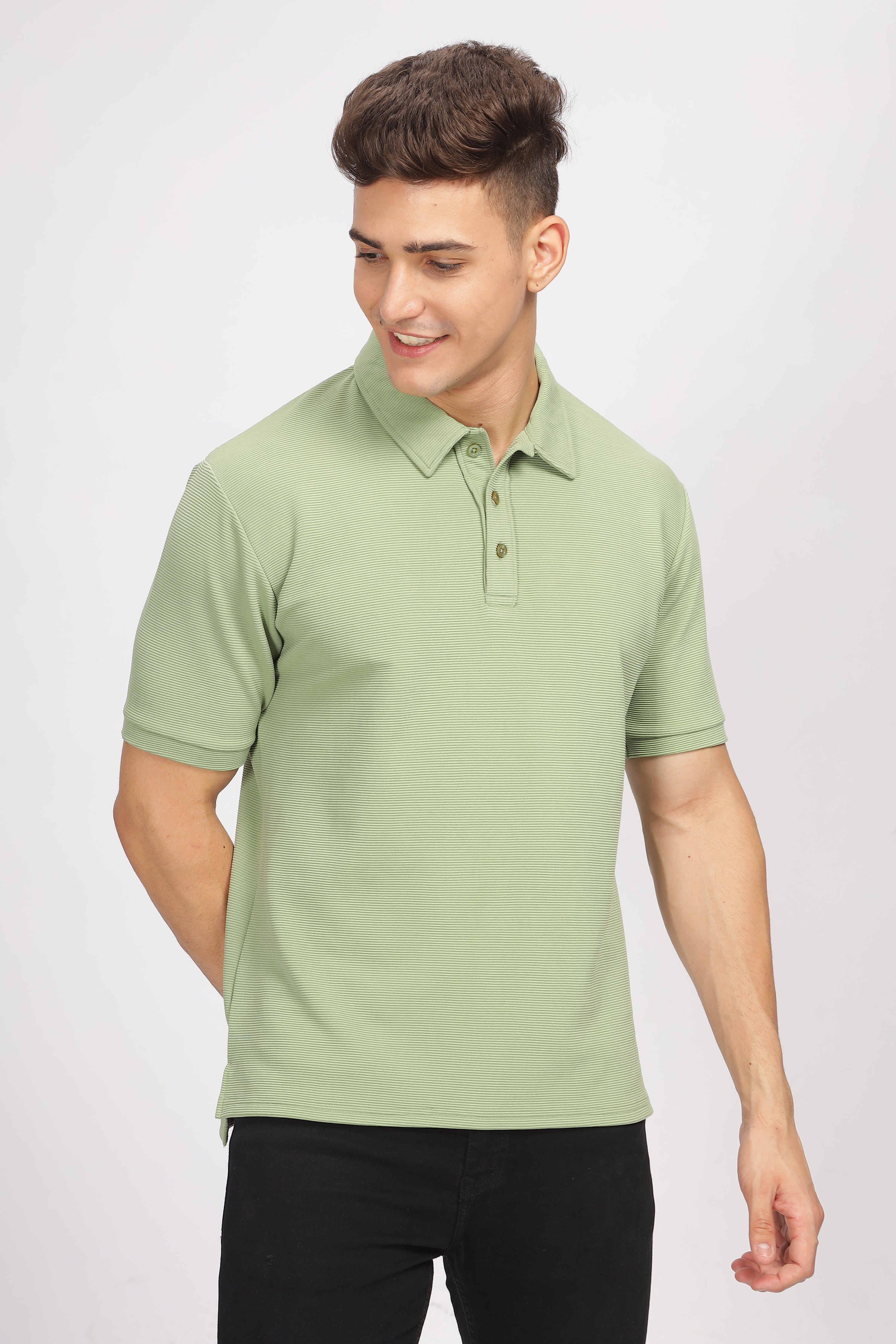 Green Self Design Knit Polo T-Shirt