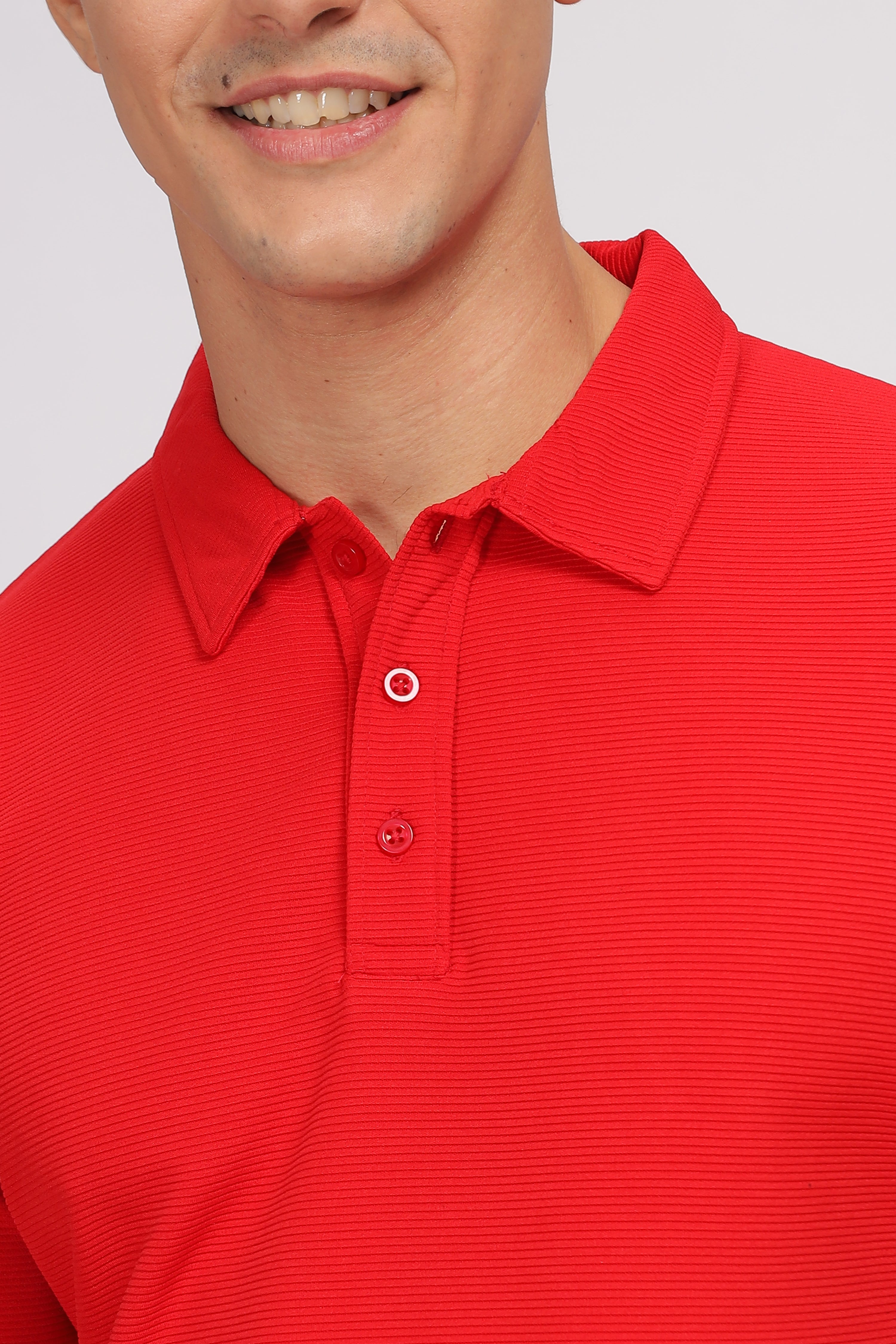 Red Self Design Knit Polo T-Shirt