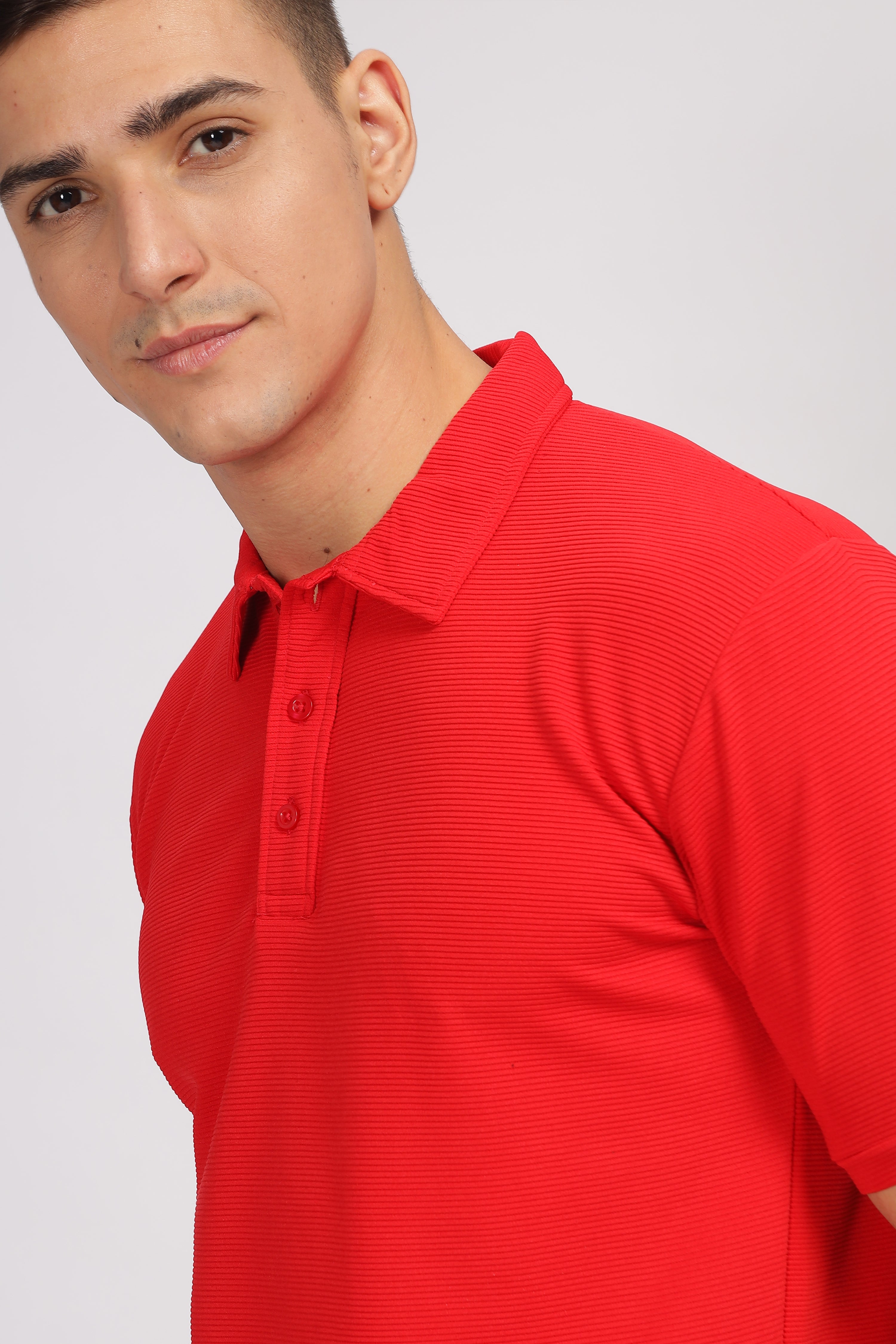 Red Self Design Knit Polo T-Shirt