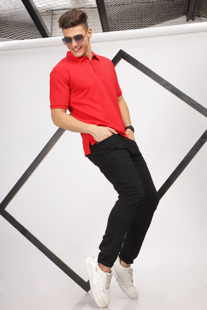 Red Textured Polo T-Shirt