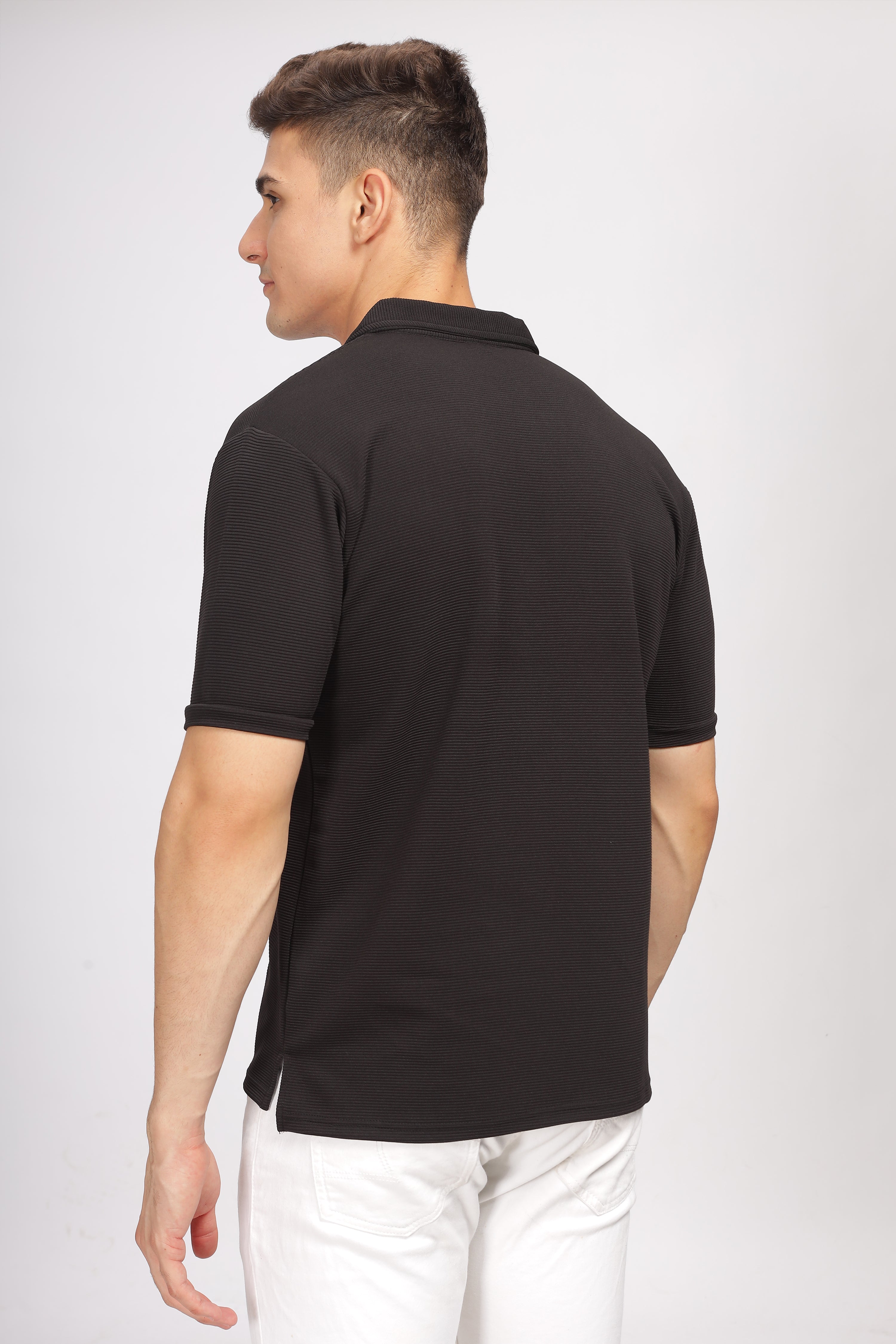 Black Self Design Polo T-Shirt