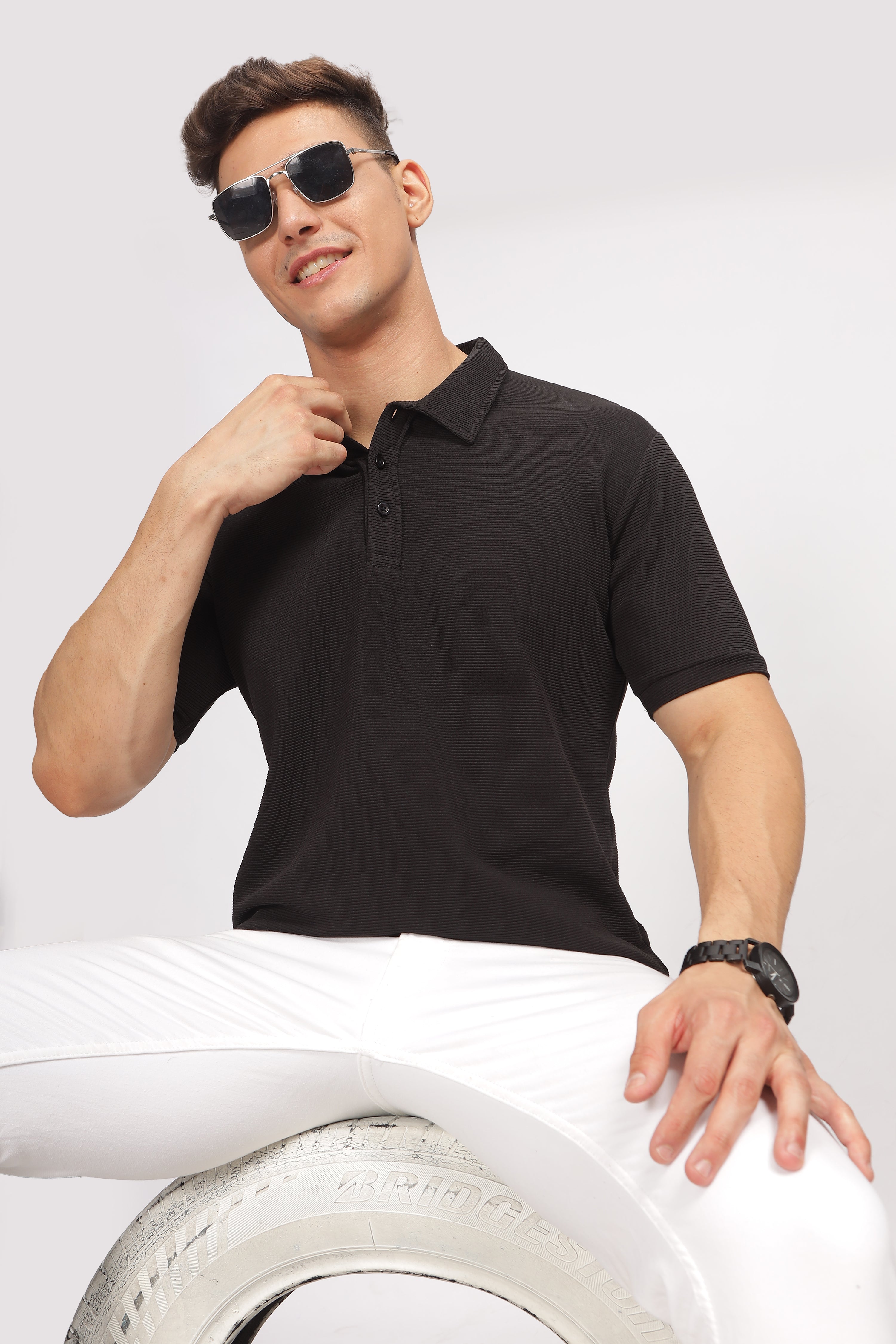 Black Self Design Polo T-Shirt