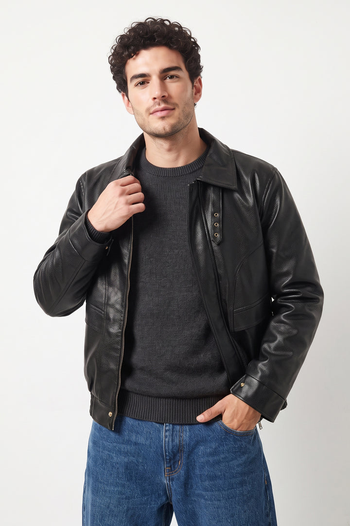 Black Textured Faux Leather Heavy Jacket