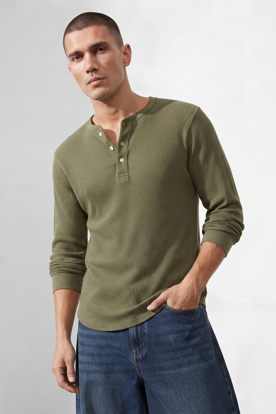 Mehandi Green Self Waffle Knit Henley T-Shirt