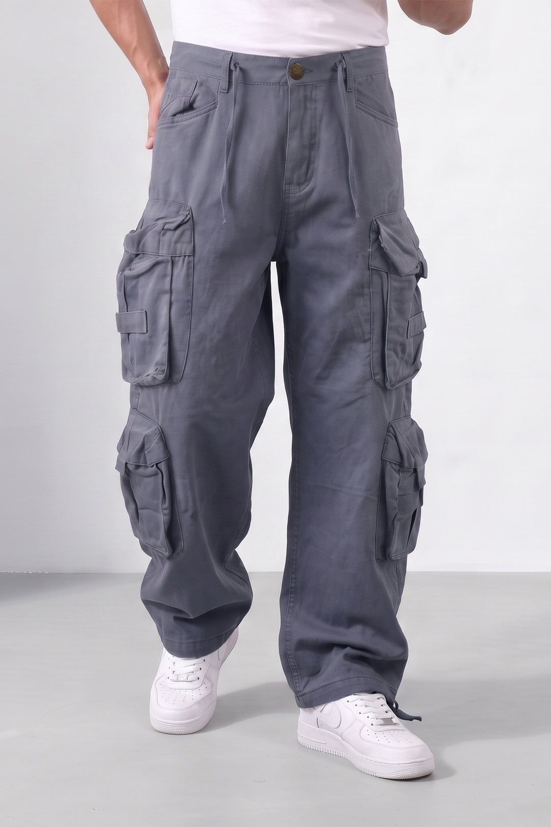 Steel Grey Mens Solid 8-Pocket Cotton Cargo Pant