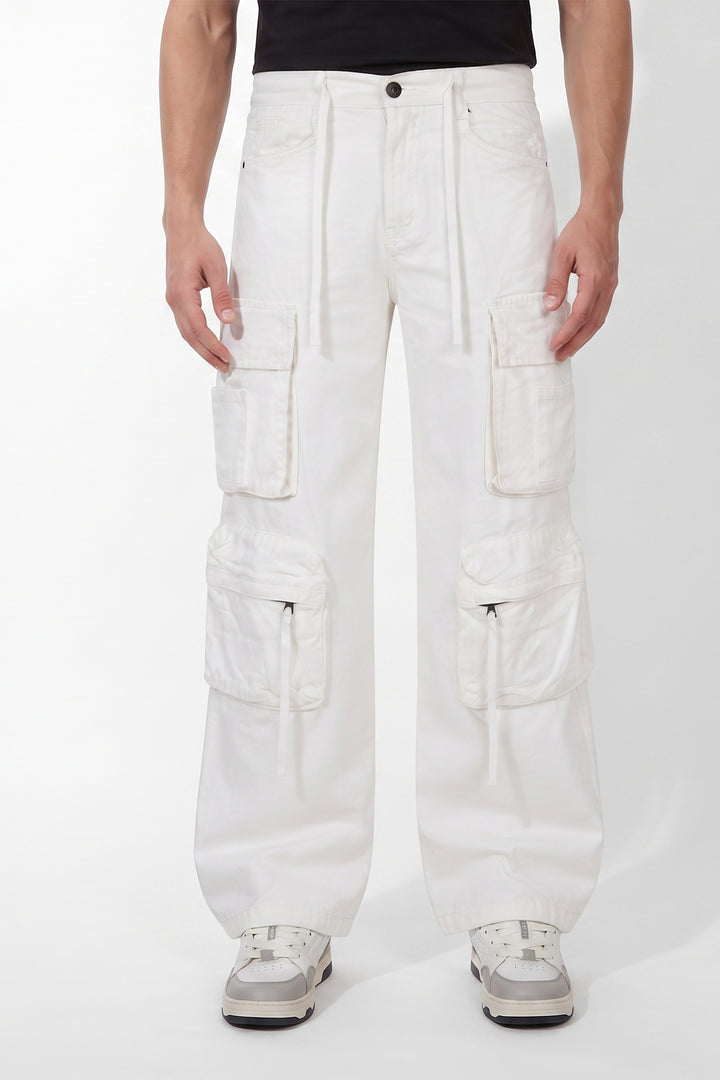 Gritstones Men's White Utility 10 Pocket Cargo Pants