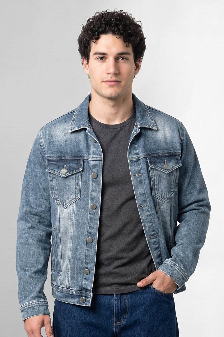 Blue Classic Denim Trucker Jacket with Button Closure