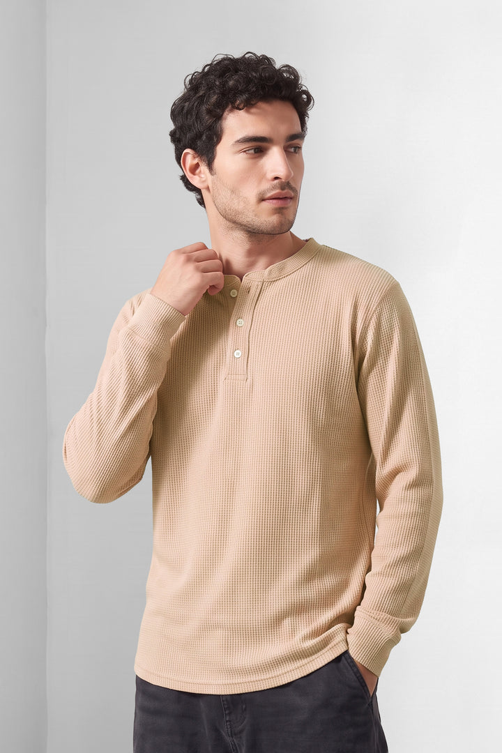 Peach Waffle-Knit Long Sleeve Henley T-Shirt