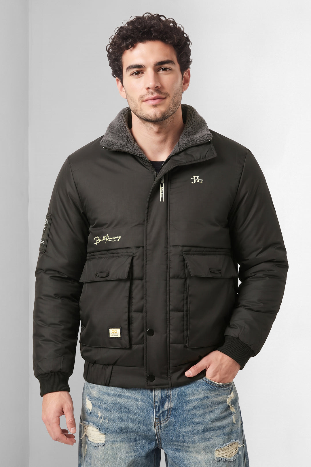 Black Quilted Puffer Jacket with Fur Collar