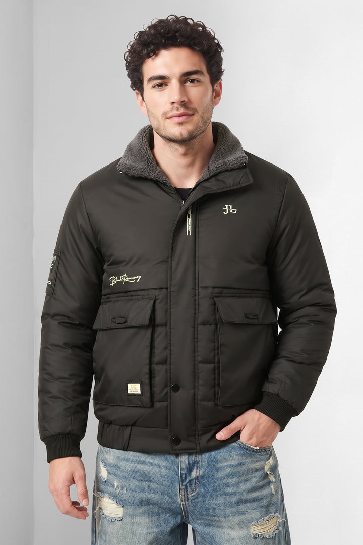 Black Quilted Puffer Jacket with Fur Collar