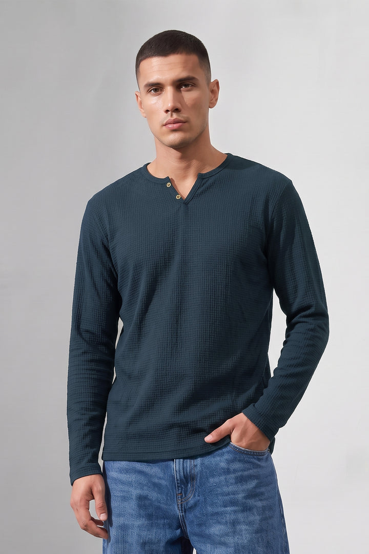 Navy Blue Cotton Knit Full Sleeve Henley T-Shirt