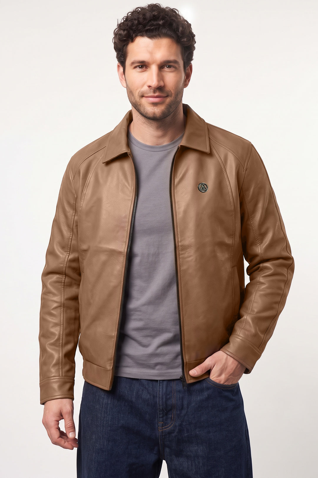 Brown Textured Faux Leather Zip-Front Jacket