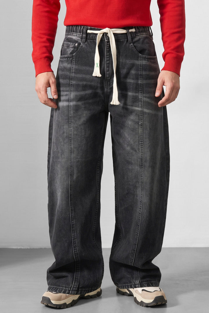 Black Barrel Denim Jeans with Contrast Drawstring Detail