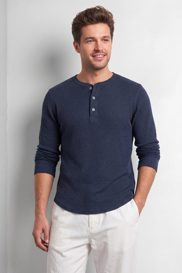 Navy Blue Self Waffle Knit Henley T-Shirt