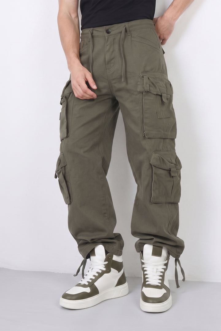Olive Green Mens Solid 8-Pocket Cotton Cargo Pant