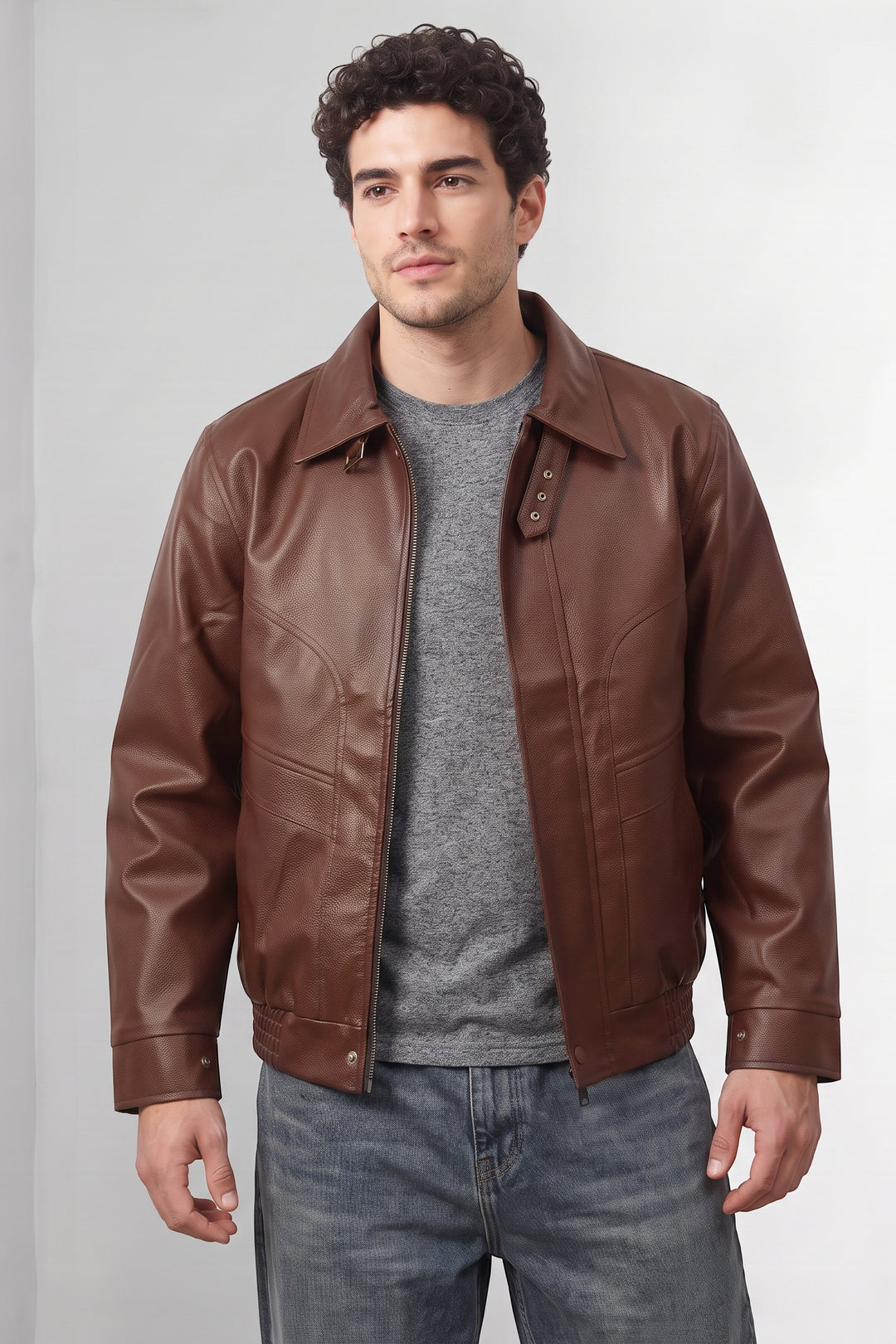 Brown Textured Faux Leather Heavy Jacket