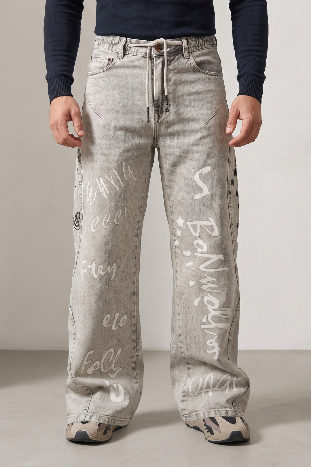 Light Grey Typographic Barrel Denim Jeans with Contrast Drawstring Detail